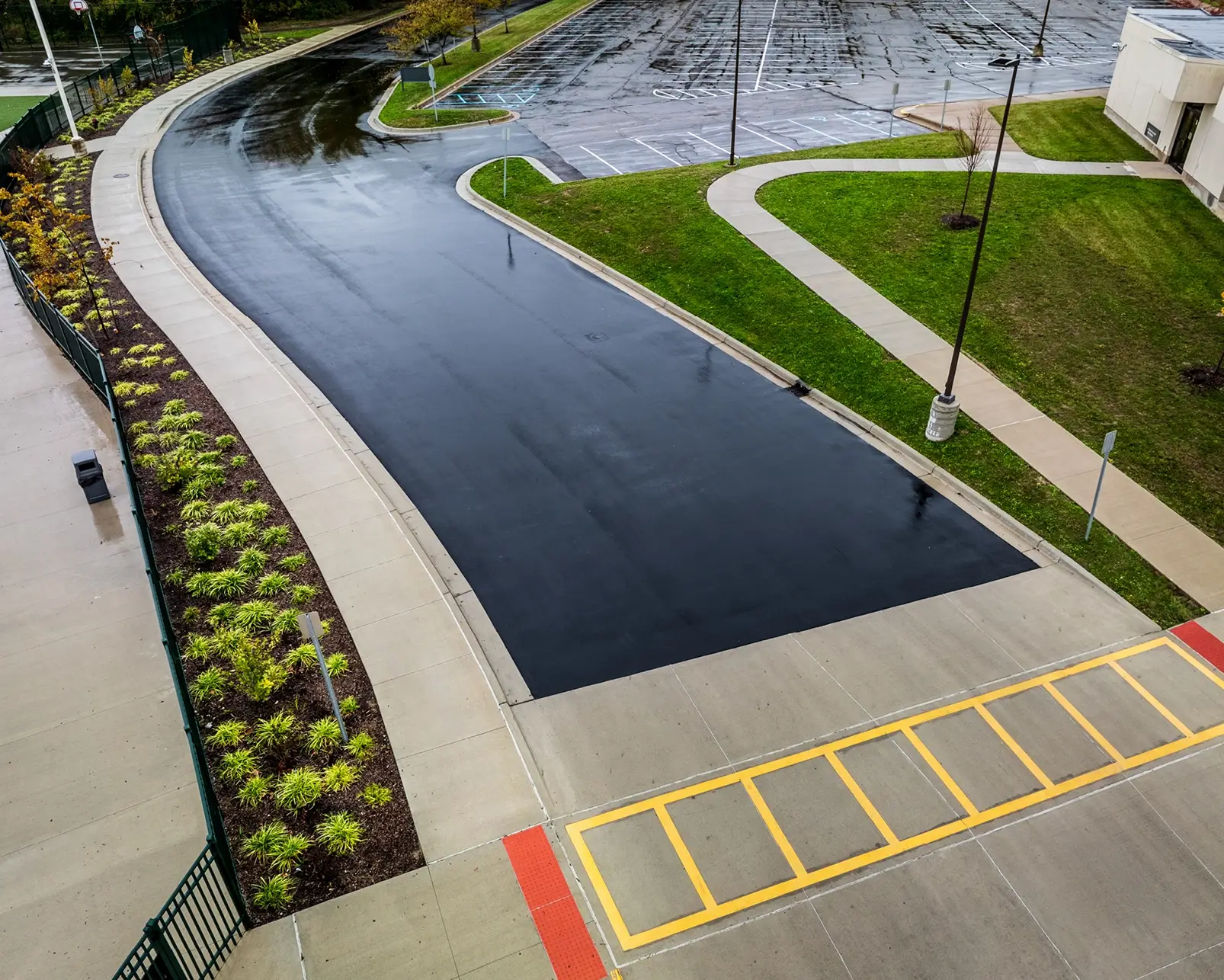 Freshly sealed and striped parking lot